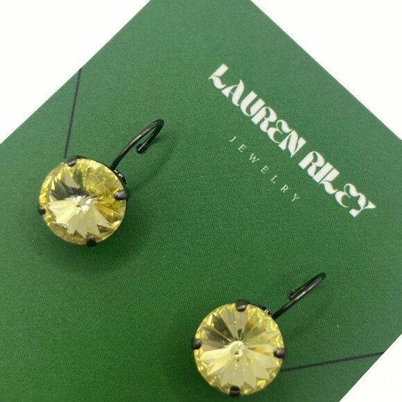 Handcrafted Yellow Swarovski Crystal Drop Earrings - Hematite Plated Nickel-Free - Picture 2 of 4